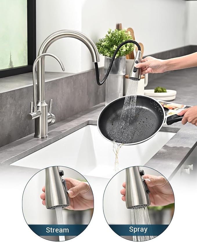 APPASO Kitchen Faucet with Water Filter, CUPC Certified Water Hose, Pull Out 3 Way Sink Faucets with Sprayer, High Arch 2 Handle Faucet - 2 in 1 Faucets Brushed Nickel, Without Filtration Device