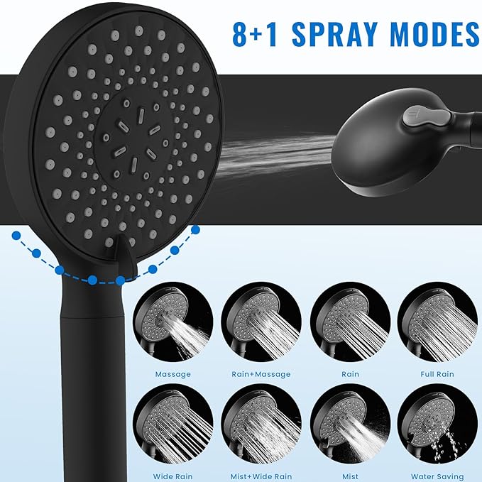 Ryamen Filtered Shower Head with Handheld, High Pressure 9-Spray Modes Detachable Shower Head with Filter for Hard Water-Remove Chlorine & Impurities, 2 Filters, Matte Black