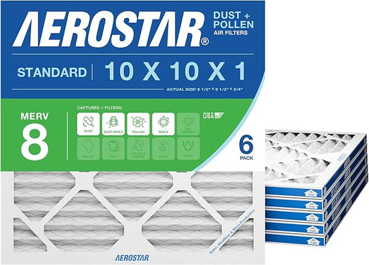 Aerostar 10x10x1 MERV 8 Pleated Air Filter, 6 Pack, AC Furnace Filters, HVAC Filter, Air Conditioner Filters, Heater Filters Replacement for Home (Actual Size: 9.5x9.5x0.75)
