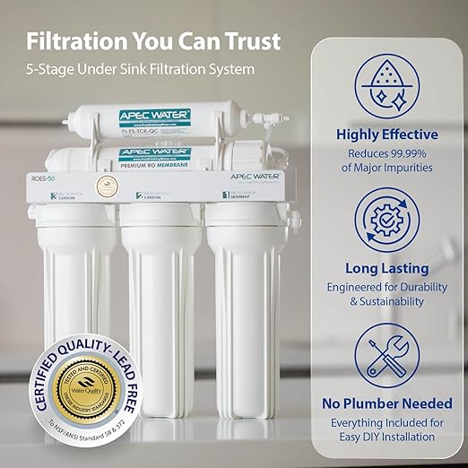 APEC Water WQA Certified 5-Stage Under Sink Reverse Osmosis Water Filter System, Brushed Nickel, Certified Ultra Safe Drinking Water Filter System, Reduces 99.99% of Contaminants, DIY Install