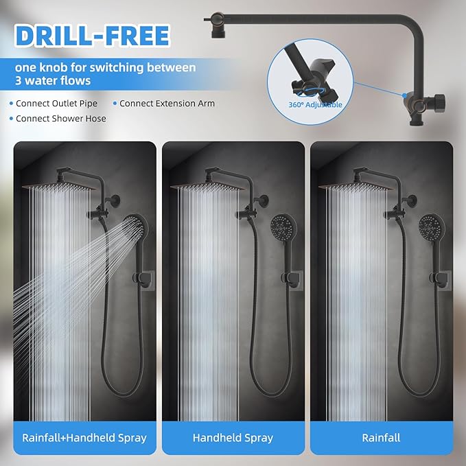 All Metal Shower Head, 8" High Pressure Rainfall/Handheld Shower Combo with 11" Extension Arm, 10-Spray Handheld Showerhead, 71" Long Hose, 3-Way Diverter Valve, Oil Rubbed Bronze