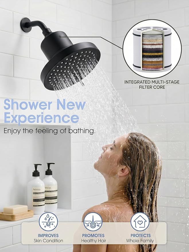 360 Degree Rotated Black Shower Head ＆ Filter COMBO ! Anti - Chlorine Hard Water Filtered Shower Heads 6Inch- 7 Sprays High Pressure Showerheads with 25 Stage Filtration for Adult and Baby