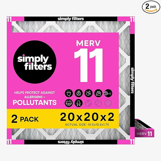 Simply 20x20x2 Air Filter, MERV 11, 2 Pack, Furnace Air Filter for HVAC (Actual Size: 19.5"x19.5"x0.75") DUST, Pet & Allergy Control