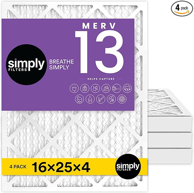Simply 16x25x4 Air Filter, MERV 13, 4 Pack, Furnace Air Filter for HVAC (Actual Size: 16.5"x25.5"x3.63") DUST, Pet & Allergy Control