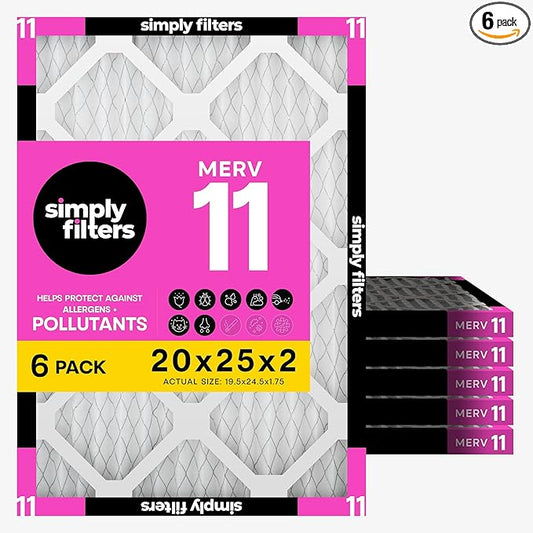 Simply 20x25x2 Air Filter, MERV 11, 6 Pack, Furnace Air Filter for HVAC (Actual Size: 19.5"x24.5"x1.75") DUST, Pet & Allergy Control