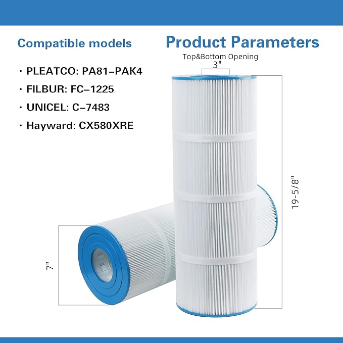 C-7483 Pool Filter Cartridge Replaces Hayward SwimClaer C3030, C3025, C3020, C580E, Compatible with Hayward CX580XRE, Pleatco PA81-PAK4, Filbur FC-1225 FC-6425, 4 Pack