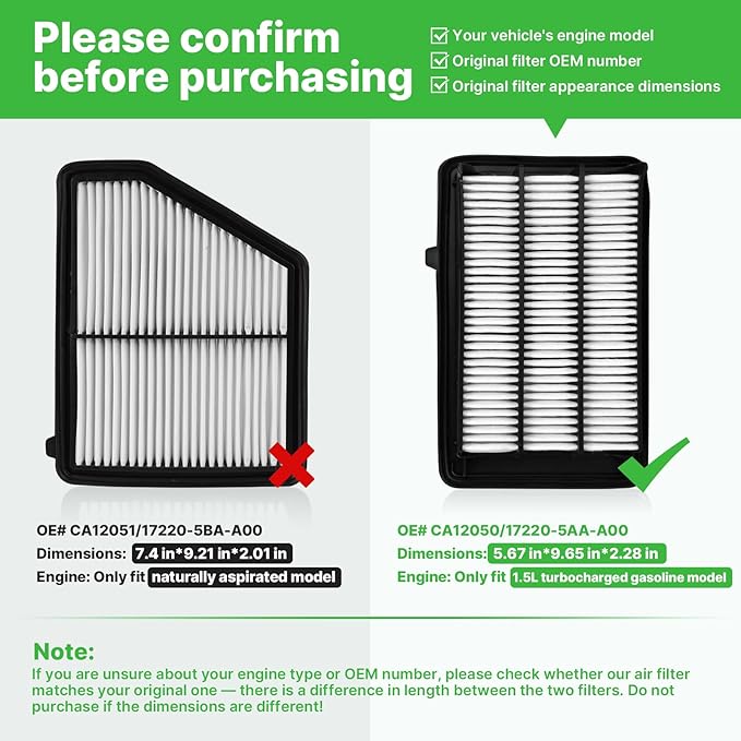 Engine+Cabin Air Filters Fit for (All Only Gas, Not Hybrid) Honda Civic L4 1.5L Turbo 2016-2021, CR-V CRV L4 1.5L Turbo 2017-2022 Engine Air Filter Replace# CF11182 CA12050