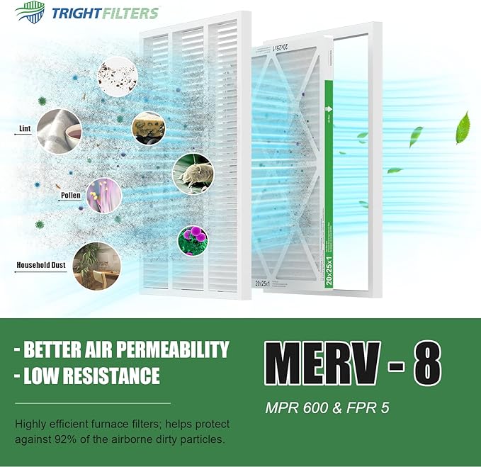 TRIGHTFILTERS 20x25x1 Air Filter 6 Pack, Durable MERV 8 Pleated Home HVAC AC Furnace Filters, Lightweight Compact Air Conditioner Filter Replacement