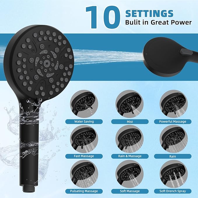 Filtered Shower Head, 10" High Pressure 10-Spray Handheld/Rainfall Shower Head Combo with 20 Stage Shower Filter, 11" Shower Extension Arm, 71" Hose, Shower Head Holder, Matte Black