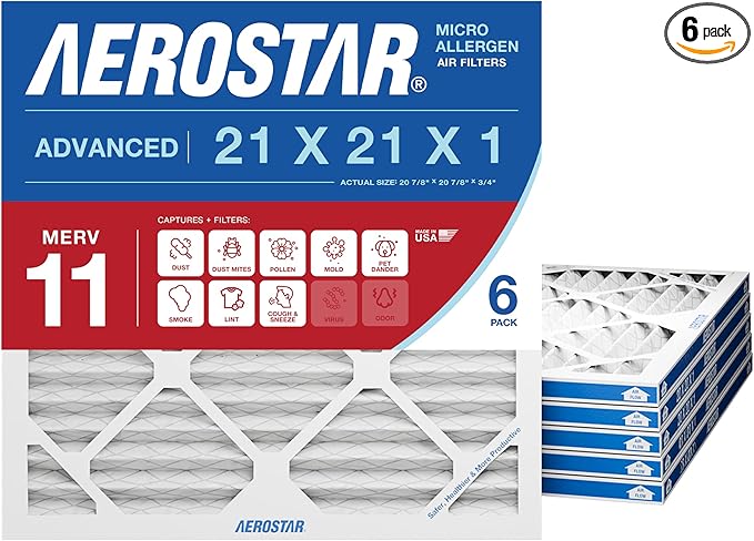 Aerostar 21x21x1 MERV 11 Air Filter, 6 Count, ACTUAL SIZE (20.88 x 20.88 x 0.75), HVAC, Air Conditioning & Furnace Filter for Dust, Pet Dander, Smoke & Allergies (MPR 1200 / FPR 7), Made in USA