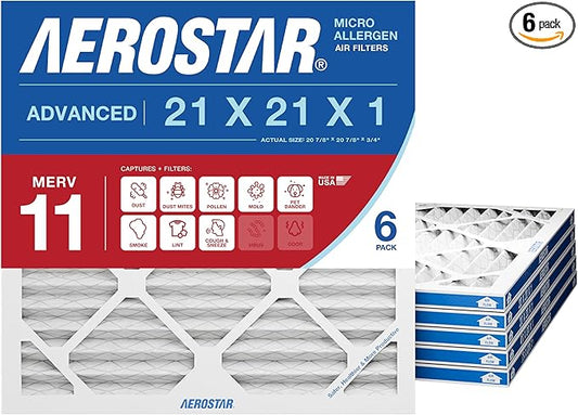 Aerostar 21x21x1 MERV 11 Air Filter, 6 Count, ACTUAL SIZE (20.88 x 20.88 x 0.75), HVAC, Air Conditioning & Furnace Filter for Dust, Pet Dander, Smoke & Allergies (MPR 1200 / FPR 7), Made in USA