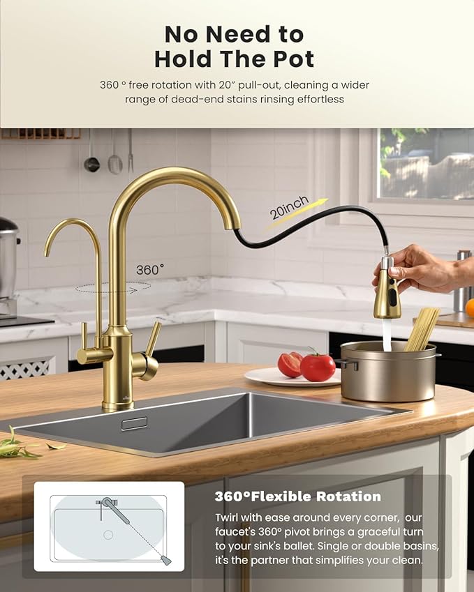 APPASO Kitchen Faucet with Water Filter (Without Water Filtration Device), 2 Handle 3 Way Gold Kitchen Sink Faucet, High Arch 3 Hole Kitchen Faucet with Pull Down Sprayer - 3 in 1 Faucet