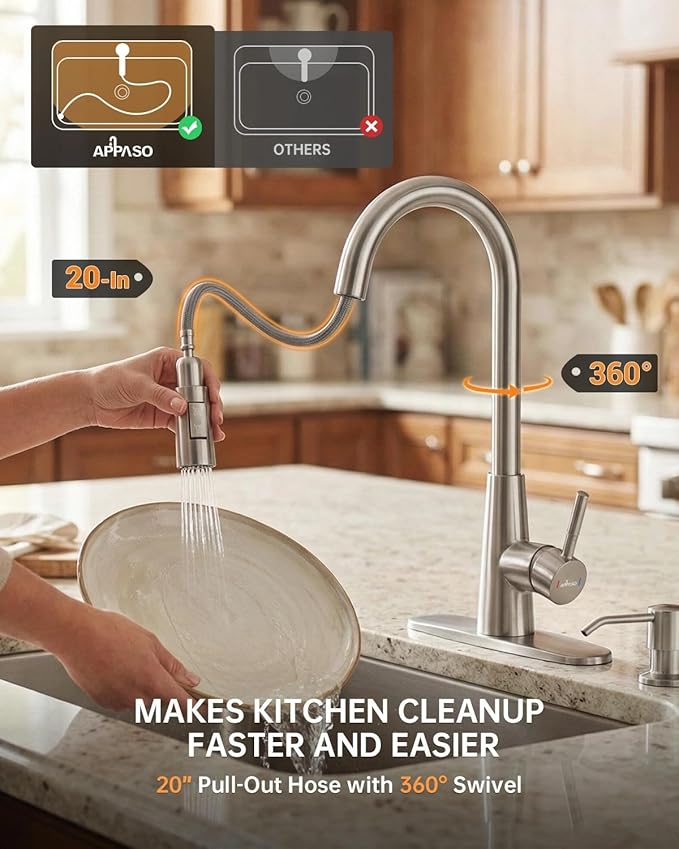 APPASO Touchless Kitchen Faucet with Soap Dispenser and Pull Down Sprayer 2 Modes, Brushed Nickel Motion Sensor Hands-Free Sink Faucets with cUPC Certified Water Hoses No Lead, S304 Stainless Steel