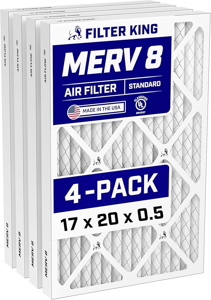 Filter King 17x20x0.5 Air Filter (MERV 8) (4-Pack) Dust & Allergy Control AC Furnace Filters, MADE IN USA, HVAC, Pleated, Electrostatic (Actual Size: 16.5 x 19.5 x 0.5)
