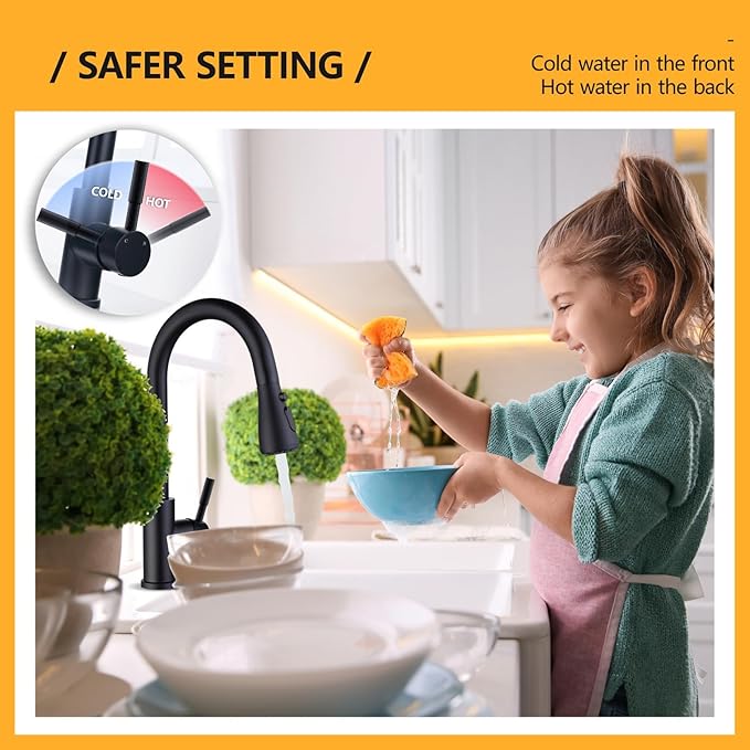 Hiqufet Black Kitchen Faucet with Pull Down Sprayer, Rv Kitchen Sink Faucets for Pot Filler, Farmhouse Camper Bar Sink Laundry Room, Fingerprint Resistant Single Hole Single Handle Stainless Steel
