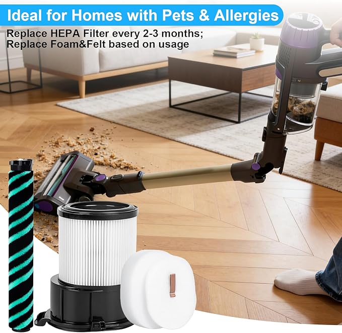 Filter set and Soft Roller for Shark PowerDetect Cordless Stick Vacuum with Duoclean Technology IP3251 IP3253 IP1255 IP1251, 1 Post-Motor HEPA Filter, 3 Foam & Felt kit, 1 Soft Roller Brush