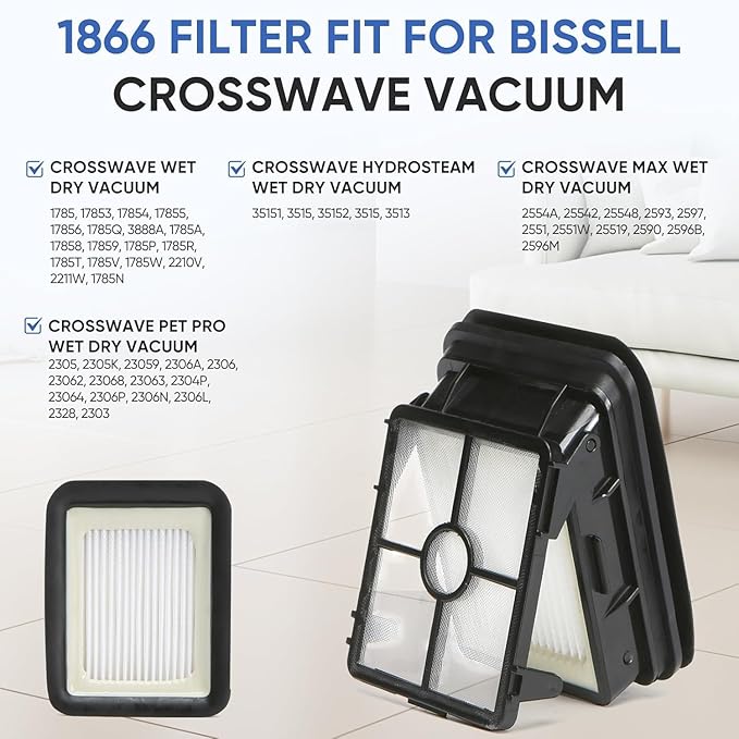 6 Pack 1866 Replacement Filters Compatible with Bissell Crosswave 1785 2306 2551 1866 2554 2590 2593 2596 CrossWave Cordless Max All in One Wet-Dry Vacuum Cleaner, Compare to Part # 1608684
