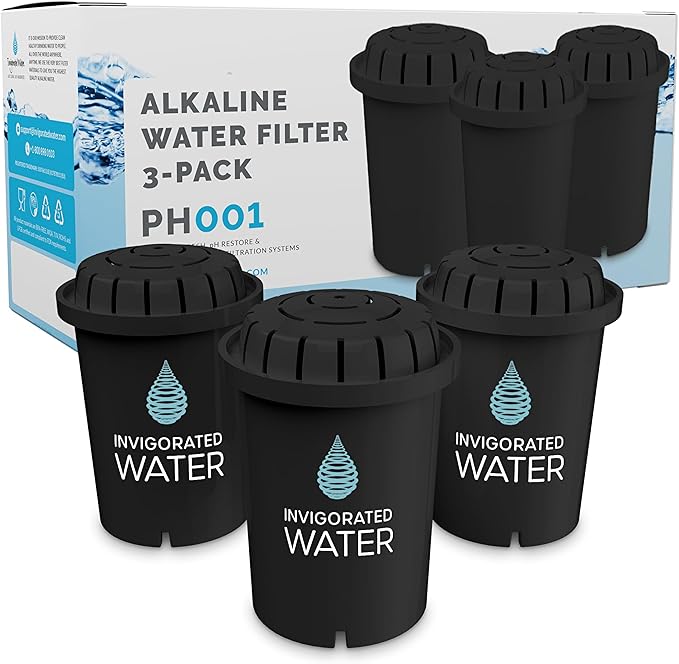 Invigorated Water PH001 Alkaline Water Filter Replacement for Pitchers & Dispensers, BPA-Free, Reduces Chlorine, Copper & Heavy Metals, Raises pH, 96 Gallons/Filter (3-Pack, Black)