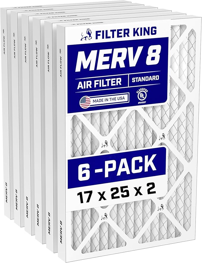 Filter King 17x25x2 Air Filter (MERV 8) (6-Pack) Dust & Allergy Control AC Furnace Filters, MADE IN USA, HVAC, Pleated, Electrostatic (Actual Size: 16.5 x 24.5 x 1.75)