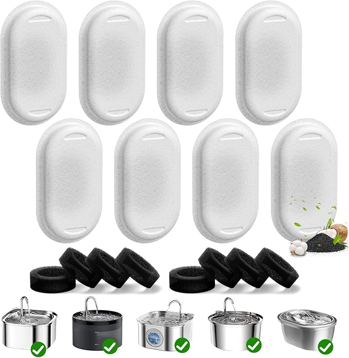 16 Pack Cat Water Fountain Filters for 108/3.2L& 67oz/2L& 4L/135oz Stainless Steel Pet Water Dispenser Cat/Dog Fountain Filter Replacement(8 Filters & 8 Sponges)