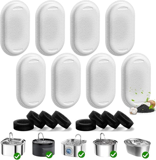 16 Pack Cat Water Fountain Filters for 108/3.2L& 67oz/2L& 4L/135oz Stainless Steel Pet Water Dispenser Cat/Dog Fountain Filter Replacement(8 Filters & 8 Sponges)