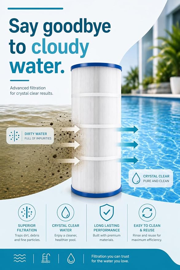 FP-24150 Replacement Pool Cartridge Filters for Jandy CS150, 11088502, 11088512, Unicel C-8414, Filbur FC-0822, FC-1287, PJANC1250, PWWCT150 – Clean Water Filtration – 1 PC, 150 SQFT