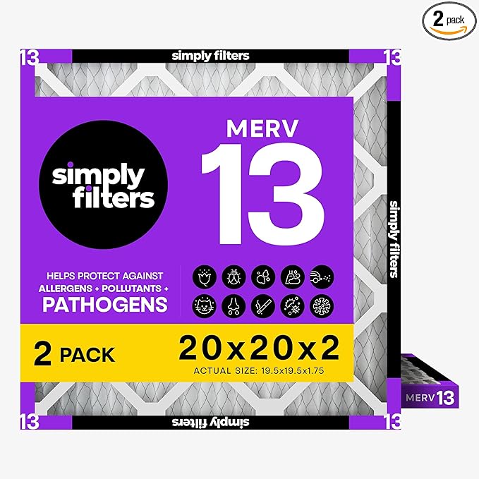 Simply 20x20x2 Air Filter, MERV 13, 2 Pack, Furnace Air Filter for HVAC (Actual Size: 19.5"x19.5"x0.75") DUST, Pet & Allergy Control