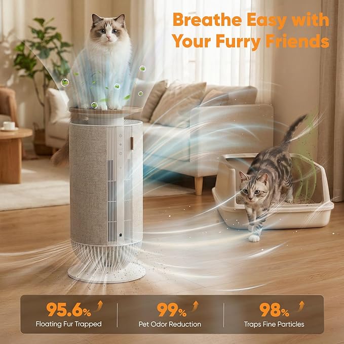 Petbobi Pet Air Purifier for Home Up to 3630 ft² - 7-Stage H13 & H11 HEPA Filter for Pet Odors Hair Dander Dust, 360°Anti-Clog Air Intake, WiFi App, PM2.5 Monitor, 275 CFM CADR