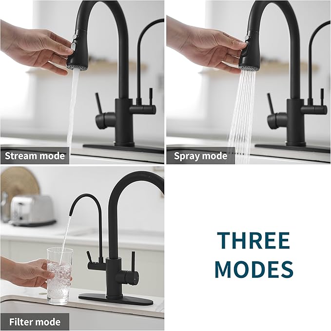 Black Kitchen Faucets with Water Filter and Pull Down Sprayer,Kitchen Sink Faucet,Two Handle Kitchen Sink Faucet with Pull Down Sprayer for 3 Function,Kitchen Faucets Without Water Filtration Device