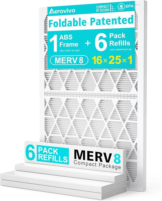 16x25x1 MERV8 Refillable Air Filter Starter Kit, 1 Reusable Foldable Frame ＆ 6 Refills, Perfect for Most AC HVAC Furnace Devices, Actual Size 15.75x24.75x0.75in
