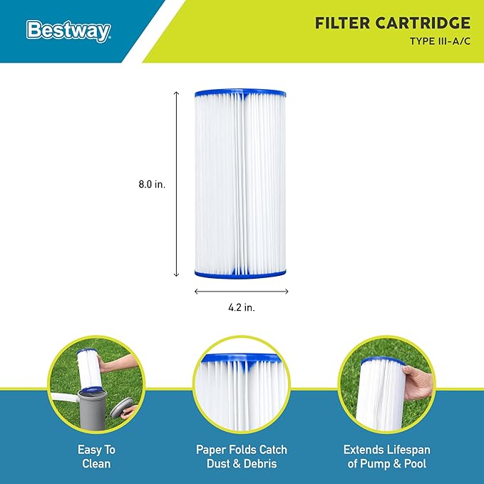 Bestway 58012E Type III/A Outdoor Swimming Pool Filter Pump Cartridge Replacement 4.2"x8" for Use in 500/800/1500 Gallon Filter Pumps (6 Pack)