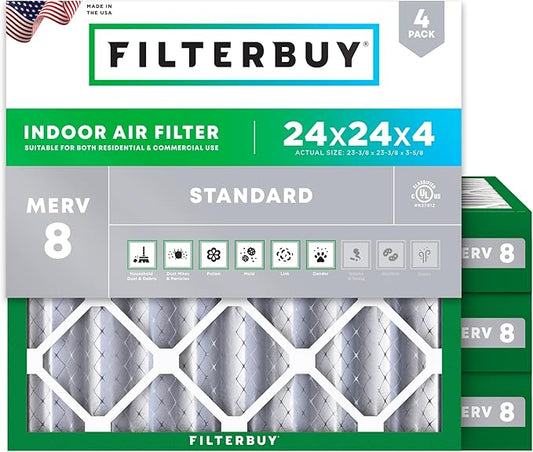 Filterbuy 24x24x4 Air Filter MERV 8 Essential Dust & Allergy Defense (4-Pack), Electrostatic Pleated HVAC AC Furnace Filters Replacement, Made in USA (Actual Size: 23.38 x 23.38 x 3.63)
