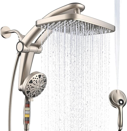 Rain Shower Head with Handheld High Pressure rainfall Shower Heads with Handheld Spray Combo Adjustable one-piece stand daul shower head Built-in Magnetic Docking and Power Jets-Nickel