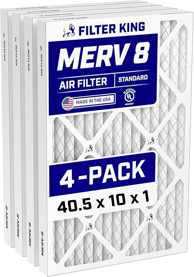 Filter King 40.5x10x1 Air Filter (MERV 8) (4-Pack) Dust & Allergy Control AC Furnace Filters, MADE IN USA, HVAC, Pleated, Electrostatic (Actual Size: 40.5 x 10 x .75)
