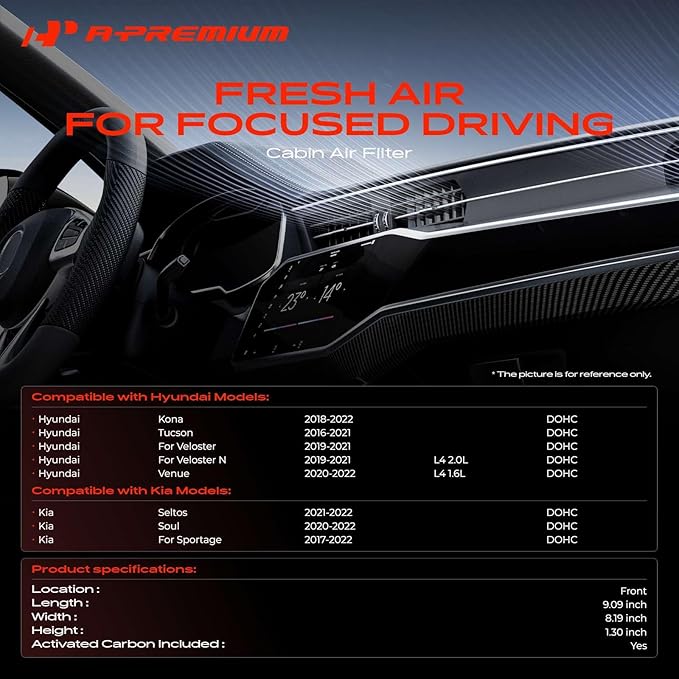 A-Premium 2-PC Cabin Air Filter with Activated Carbon Compatible with Hyundai & Kia - Kona 18-23, Tucson 16-21, Veloster 19-21, Venue 20-23, Seltos 21-23, Soul 20-23, Sportage 17-22