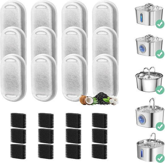 Cat Water Fountain Filter, 12 Pack Cats Fountaine Filters Replacement for 108oz/3.2L & 74oz/2.2L Stainless Steel cat Water Dispenser, Pet Fountain Filters Replacement