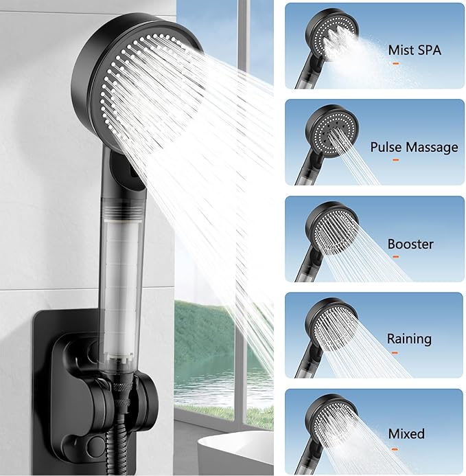 High Pressure Shower Head Black with Hose, 5-Spray Filtered Showerhead with No-Drill Holder, Water Softener Beads & ON/OFF Switch for Daily & Pet Care, Removes Chlorine, Softens Hard Water