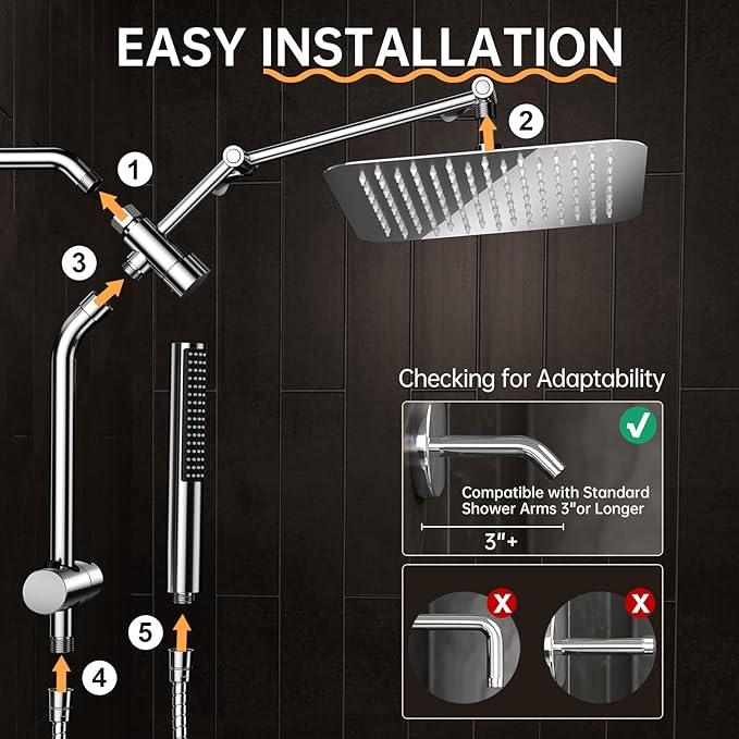 Veken All Metal 10" Shower Head with Handheld, Luxurious Square Double Rain Shower Heads,Power Wash Wand,Dual High Pressure Detachable Rainfall Showerhead with Spray Combo,Extension Arm,Chrome,Sliver