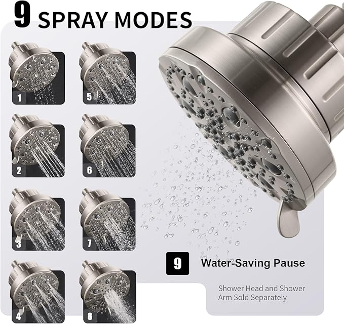 OFFO Filtered Shower Head, 20 Stage Shower Filter Head for Hard Water with Pause Mode, 9 Modes High Pressure Shower Head with Filter for Remove Chlorine and Harmful, Brushed Nickel