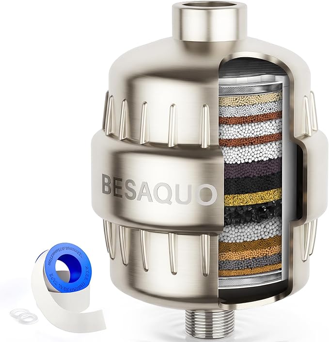 BESAQUO Shower Filter Head for Hard Water, Remove Chlorine, Heavy Metals, for Softer Skin, Shinier Hair and Stronger nails, with 20 Filtration Stages (Nickel)