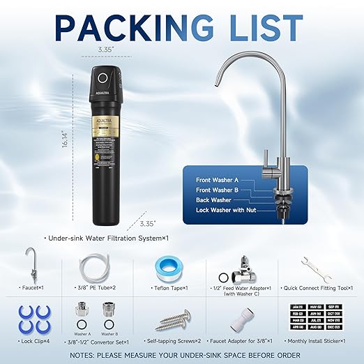 AQUALTRA USF02-BKF Under Sink Filter System, 20K Gal with Faucet, NSF/ANSI/CAN 372 Certified, Reduce PFOA, PFOS, Chlorine, Lead, Mercury, Chloramine, Fluoride, Microplastic Particles, Bad Taste & Odor
