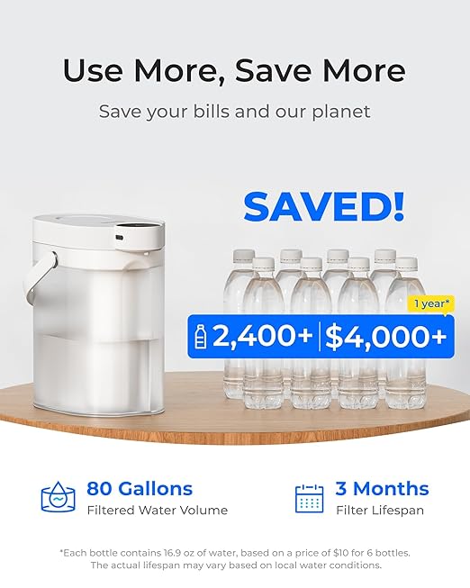 Waterdrop ED11W Rechargeable Water Filter Dispenser, 5-Stage Long-Life Instant Electric Powerful Pitcher, Reduce 70+ Contaminants, Soften Water, 15-Cup Portable Countertop System, Does not Lower TDS