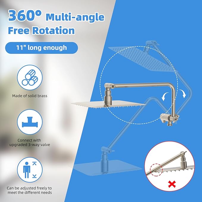 All Metal Shower Head, 8" High Pressure Rainfall/Handheld Shower Combo with 11" Extension Arm, 10-Spray Handheld Showerhead, 71" Long Hose, 3-Way Diverter Valve, Brushed Nickel