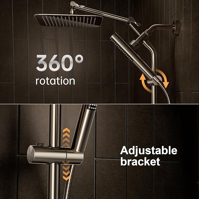 Veken All Metal 10" Brushed Nickel Shower Head with Handheld, Luxurious Square High Pressure Double Rain Shower Heads with Power-wash Hand Held, Dual Detachable Rainfall Showerhead,Bathroom Upgrade