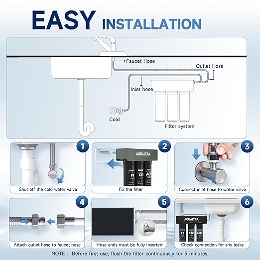 AQUALTRA USF-3B-15 Slightly Alkaline Under Sink Water Filter System, 8K-40K Gal, Reduce PFOA, PFOS, Chlorine, Lead, Mercury, Chloramine, Fluoride, Microplastics Particles, Bad Taste & Odor