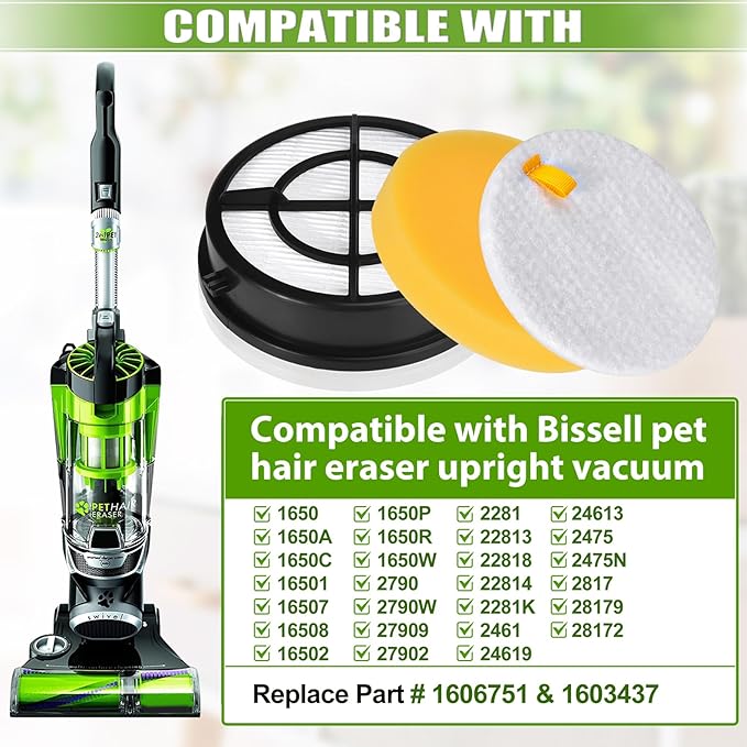 27909 1650 Filter Replacement Compatible with Bissell Pet Hair Eraser Turbo Pro/Plus Febreze 27909 1650 1650A 2281 2475 2790 2817 Vacuum, Replace to part 1606751 and 1603437