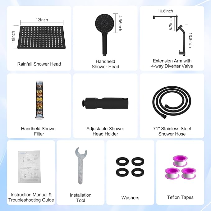 12" Black All-Metal High-Pressure Rain Shower Head with Handheld- 10-Spray Power Wash with Shower Filter, Easy Reach 4-Way Diverter with Pause Mode, Adjustable 16" Extension Arm/Holder/ 71" Hose