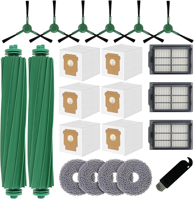 Replacement Parts for iRobot Roomba Plus 405 (G181/G185) Combo, Plus 505/507 Combo Robot Vacuum Cleaner Accessories, 2 Roller Brushes, 3 Filters, 4 Mop Pads, 6 Side Brushes, 6 Vacuum Bags