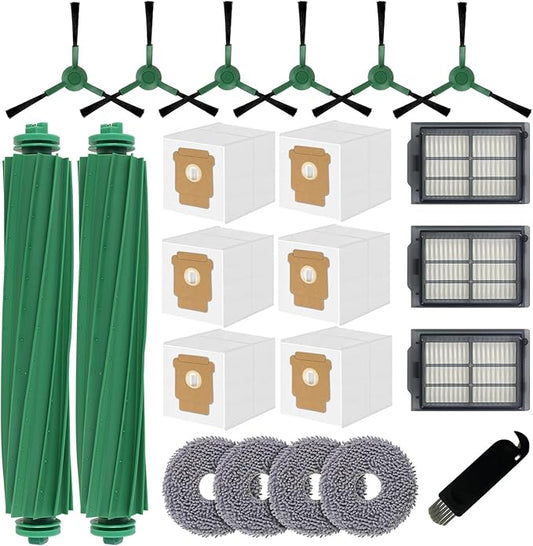 Replacement Parts for iRobot Roomba Plus 405 (G181/G185) Combo, Plus 505/507 Combo Robot Vacuum Cleaner Accessories, 2 Roller Brushes, 3 Filters, 4 Mop Pads, 6 Side Brushes, 6 Vacuum Bags