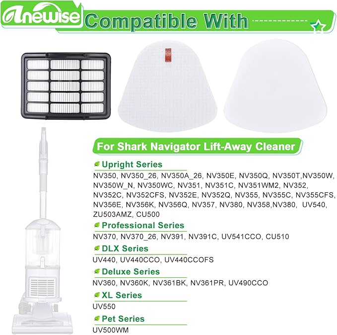 Anewise Replacement Filters for Shark Navigator Lift-Away XL CU510, CU512, CU500, CU520 Deluxe NV350, NV351, NV356E, NV360, NV352, NV355, NV358, ZU503AMZ, 4 + 2 Filter, Replace Parts #XHF350 & XFF350